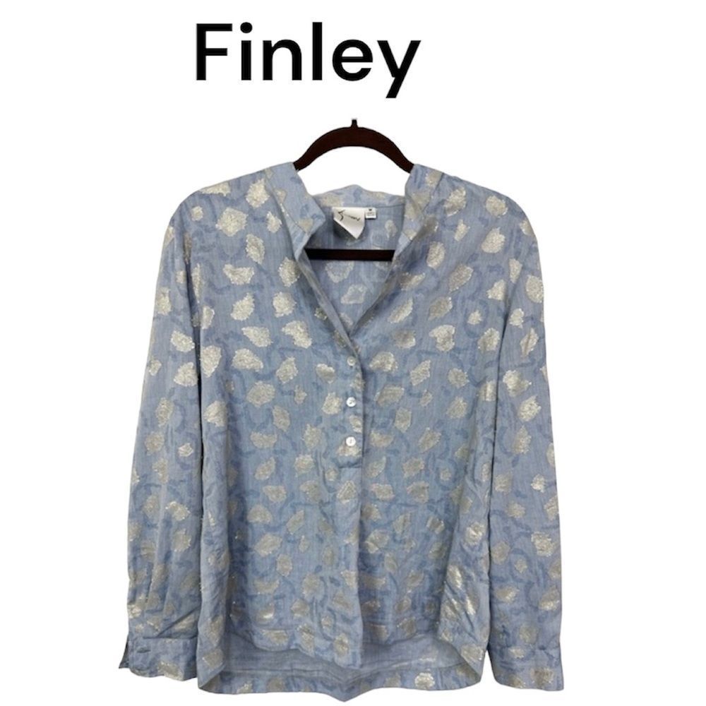 Tinley Gold Leaf Jacquard Collared Long Sleeve Henley Shirt Blouse Blue Medium